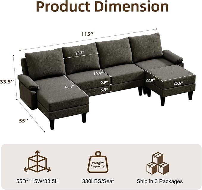 Sectional Couches for Living Room Furniture Sets 4 Seat U Shaped Sectional Couch with Storage Adjustable Sofa with Armrests and Ottoman for Apartment Dark Brown