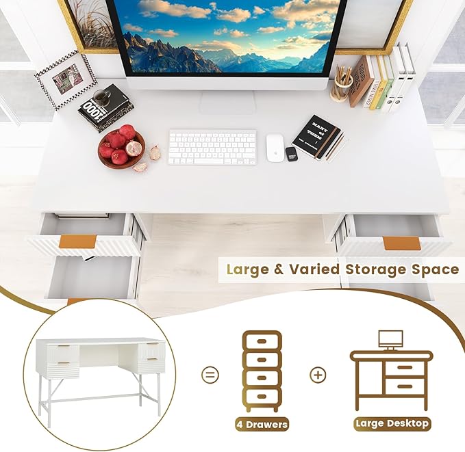 Tangkula White Desk with 4 Drawers 48 Inch Home Office Desk with Storage Modern Computer Desk Study Writing Desk with Metal Frame for Bedroom Study Office
