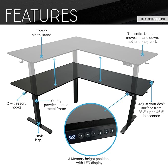 Techni Mobili 63” W L-Shaped Electric Standing Desk with 3 Memory Height Presets and 2 Accessory Hooks Height Adjustable Sit to Stand Corner Desk for Home Office with Spacious Work Surface Black