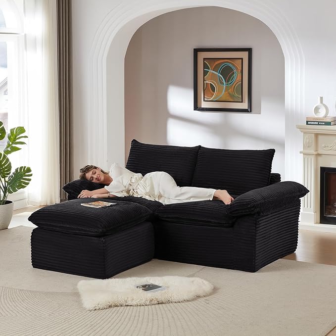 80 Cloud Sectional Couch with L-Shaped Chaise Corduroy Sectional Sofa with Ottoman Boneless Couch with Deep Seat in a Box for Living Room No Assembly Required (Black)