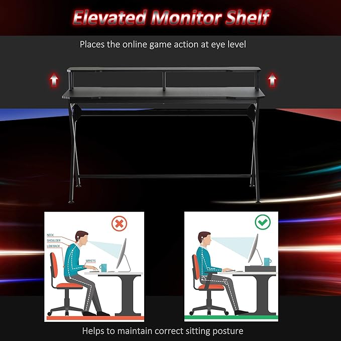 HOMCOM 55 inch Gaming Desk Racing Style Computer Office PC Gamer Workstation with Elevated Monitor Stand Headphone Hook Black