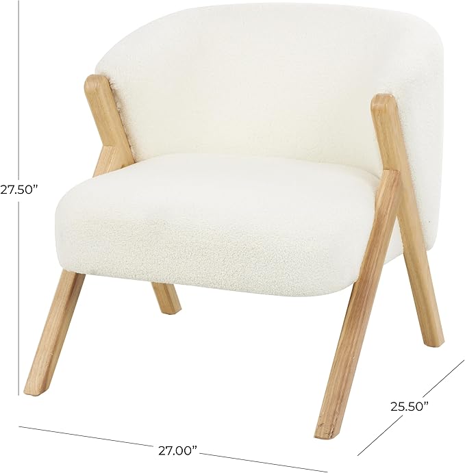 Deco 79 Polyester Living Room Accent Chair Rounded Boucle Side Chair with Angled Wooden Legs Corner Chair 27 x 26 x 28 White