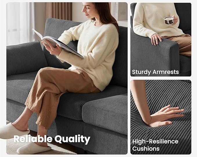 CHIC HOUSE Corduroy Modular Sectional Couch with Ottoman Chaise L/U Shaped Sleeper Sofa for Living Room Apartment Lounge Modern Armrest Neck Support Furniture (Dark Grey5 Seater Sectional)