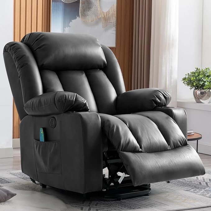 Power Lift Recliner Chair for Elderly Electric Recliner Chairs for Adults with Massage and Heat Cup Holders Remote Control Side Pockets USB Ports Leather (Black)