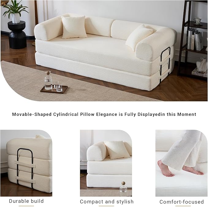 Compressed Sofa Convertible Sofa Bed Corduroy Compression Boneless Couch with Pillow Comfy Modular Foldable Floor Sleeper Sofa for Bedroom Living Room Lounge Studio (White)