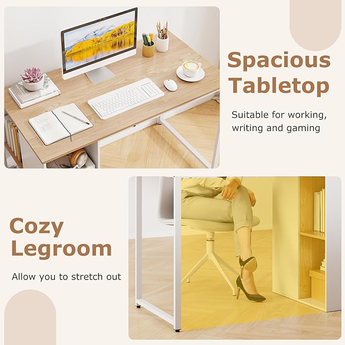 Tangkula Computer Desk with Storage Shelves Home Office Desk with 5 Side Shelves &amp Metal Frame Space Saving Laptop PC Desk Writing Study Desk Modern Vanity Desk for Bedroom (Natural)