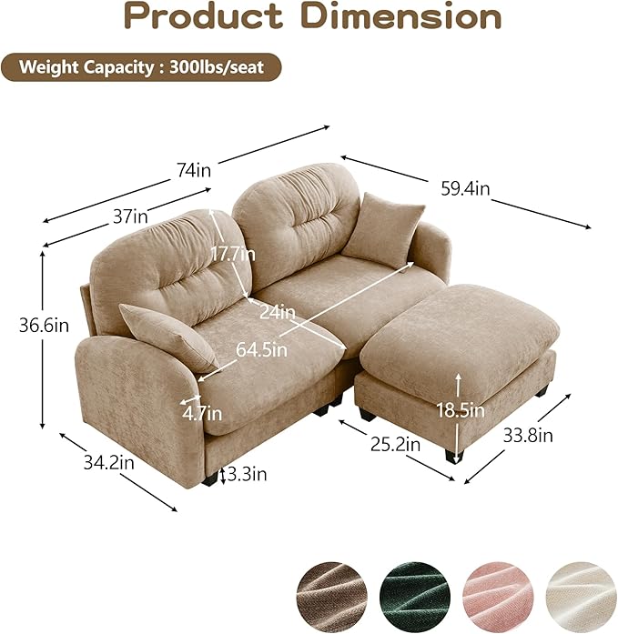 74'' Chenille Couch L-Shaped Sectional Sofa Ultra-Soft Comfort Memory Foam Cloud Couch with Pillows Sectional Couches for Living Room