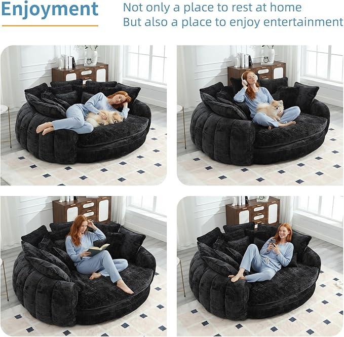 81 Oversized Round Sofa Bed Large Chenille Bean Bag Chair No Assembly Required Cloud Couch Fluffy Plush Chaise Lounge Chair Indoor Modern Sleeper Sofa with Deep Seat for Living Room (Black)