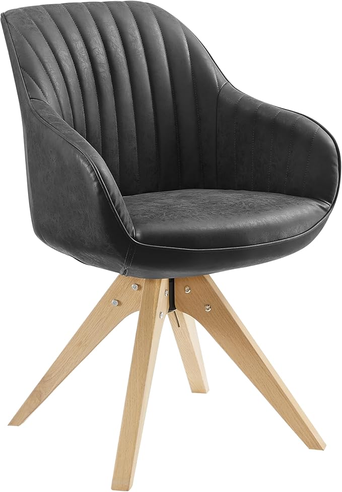 Art Leon Dining Chair Mid Century Modern Faux Leather Upholstered Swivel Dining Room Chair with Oak Wood Legs Leisure Side Chair with Arms for Living Room Black