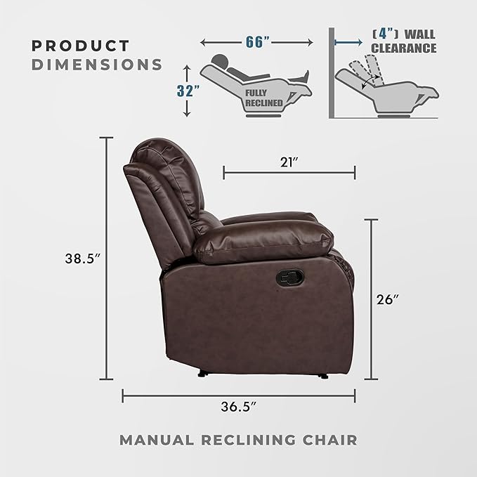 Lexicon Humphreys Faux Leather Wall Hugger Recliner Chair for Living Room Office RV - High-Density Foam Sturdy Solid Wood Frame - Chairs Living Room Recliners for Small Spaces - Brown