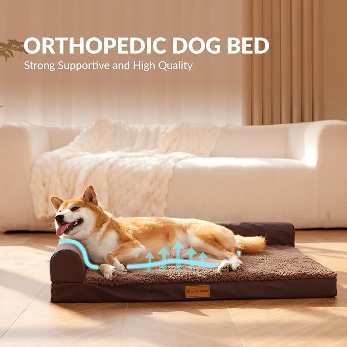 Patas Lague Orthopedic Dog Bed Medium Size Dog 30''X20'' Waterproof L Bolster Medium Pet Sofa Beds with Removable Washable Cover Soft Comfortable Pet Couch Crate Mat with Nonskid Bottom Brown