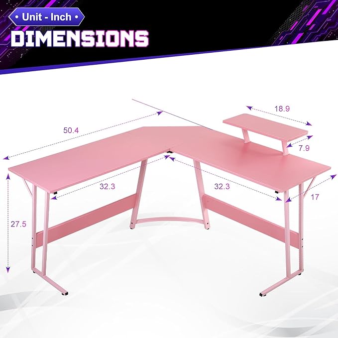 NChanmar L Shaped Gaming Desk with Monitor Riser Stand Home Office Corner Desk for Studying Working and Gaming Large Desktop Pink