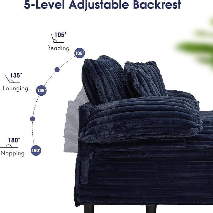 55 W Oversized Chaise Lounge Sofa Couch with 5-Position Adjustable Backrest Plush Sleeper Chair Sofa Bed Reading Chair ‌with Deep Seat Cloud Couches for Living Room Bedroom Blue