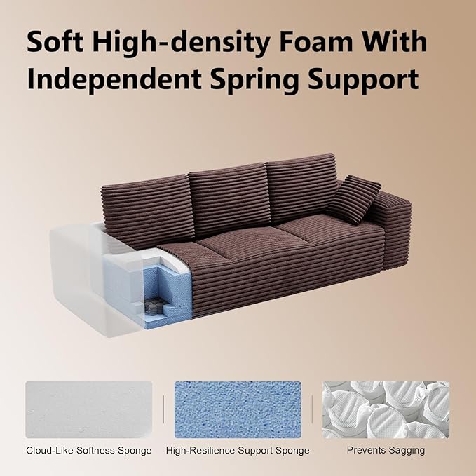 Corduroy Cloud Modular Sectional Couch Boneless Memory Foam Sectional Sofa Comfy L-Shaped Compression Couches with Chaise for Living Room No Assembly Required (Brown 3-Seater)