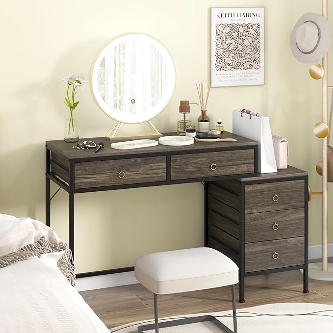 Tangkula Computer Desk with 5 Drawers 51 Home Office Desk with Printer Stand Metal Frame Study Writing Table Industrial Computer Workstation PC Desk for Bedroom Office Small Spaces (Grey)