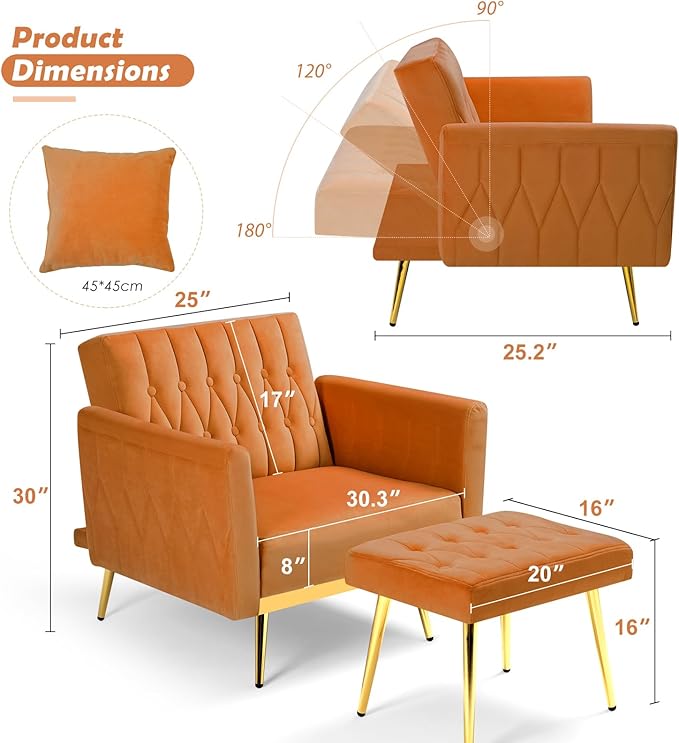 Velvet Accent Chair with Adjustable Backrest and Armrests Single Recliner Armchair with Ottoman and Golden Mental Legs for Living Room Bedroom and Waiting Room Orange