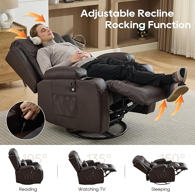 IPKIG Rocking Recliner Chair Upholstered Manual Recliner Chair 360° Swivel Glider Rocker Chair with LED Light USB Port Side Pocket Cup Holders Lumbar Pillow for Living Room Home Theater (Brown)