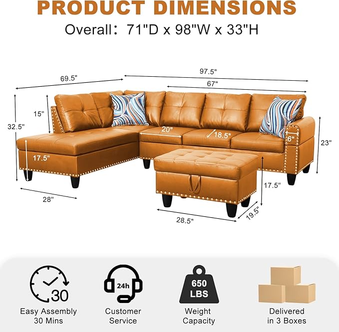 Wakefit Sectional Sofa Couch Modern 4-Seaters Living Room Furniture Sets with Chaise Lounge Ottoman &amp 2 Pillows | L Shape Couch | Cup Holder | Faux PU Leather Ginger