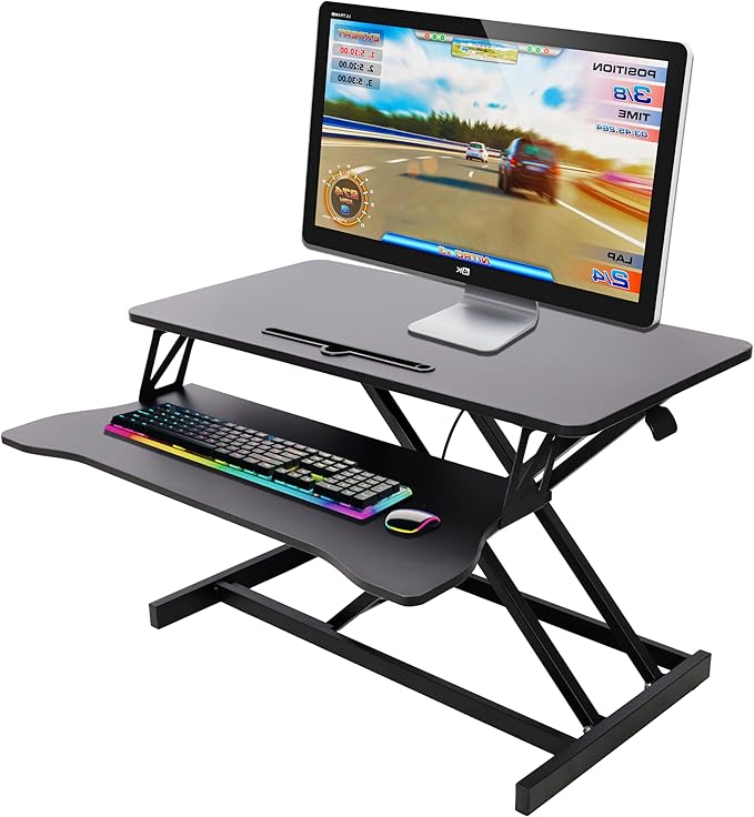 32 Inch Height Adjustable Stand Up Laptop Desk Converter Heavy Duty Standing Computer Workstation Riser with Removable Keyboard Tray for Home Office Workshop Spacious Platform for Monitor Black