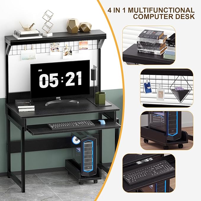 Gaming Computer Desk with Storage Shelves &amp Keyboard Tray 31.5 inch Desk for Small Spaces Home Office Desk with Host Rack for Living Room Study Room (Black)