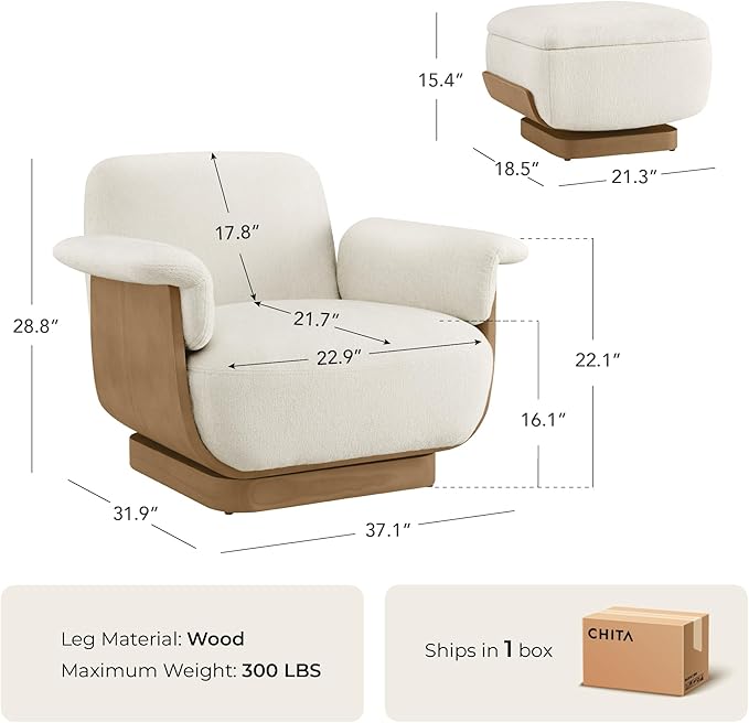 CHITA Fabric Swivel Chair with Storage Ottoman Modern Living Room Accent Chair with Lounge Seat for Bedroom Office Cream