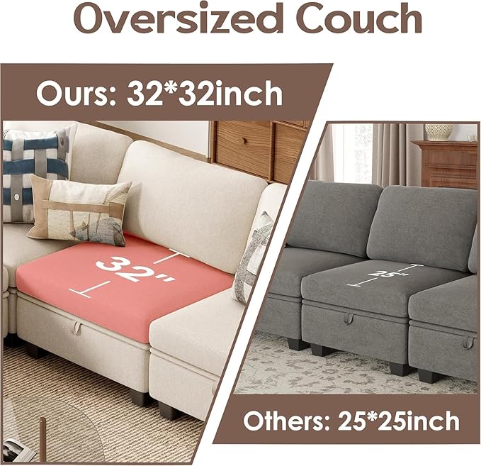 L Shaped Couch Convertible Sofa for Living Room Large Deep Seat Couches Oversized Modular Sectional 4 Seat Sofa with Storage Ottoman Cream
