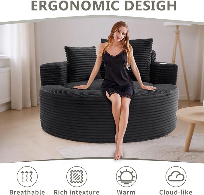 55 Black Oversized Round Boneless Couch Sofa Velvet Memory Foam Cloud Couches Lounge Chair Comfy Fluffy Single Sofa with 3 Pillows for Living Room Bedroom No Assembly Required (Black .)