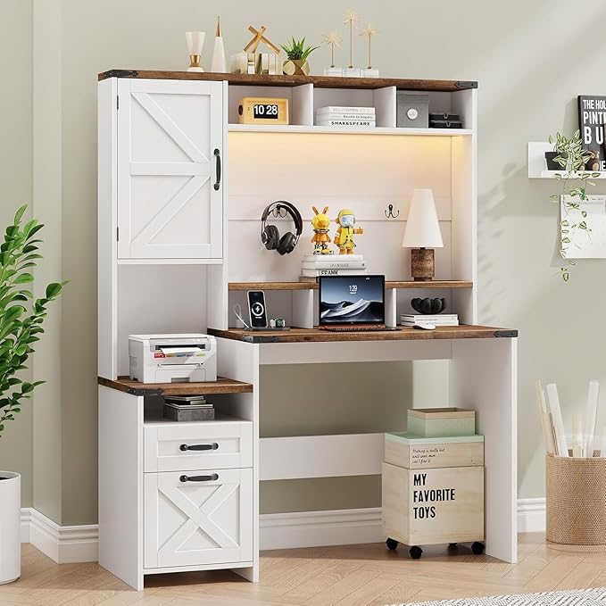 Farmhouse Executive Desk 51 Computer Desk with 2 Drawers Storage Cabinet and RGB LED Lights Power Outlets Wood Home Office Desk with Hutch and Monitor Stand for Work Study Writing Rustic White
