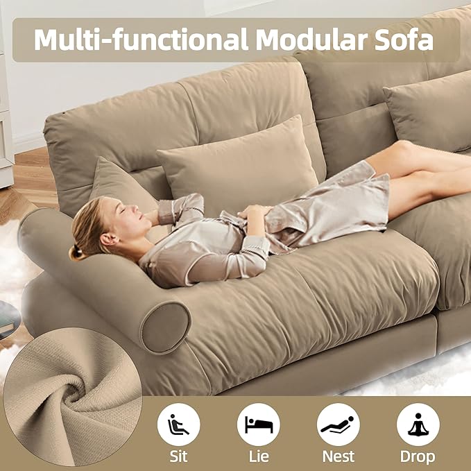Loveseat Sofa 93.7 Modular Sectional Sofa 2 Seater Modern Cloud Couch with Ottoman Oversized Sectional Couches for Living Room Comfy Velvet Sofas Deep Seat Couch with 4 Pillows Camel