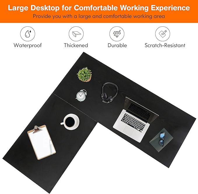 Tangkula L Shaped Desk Space Saving Corner Desk w/ 2 Tier Storage Shelves Study Writing Desk Workstation with Reinforced Metal Frame Home Office Desk (Black)