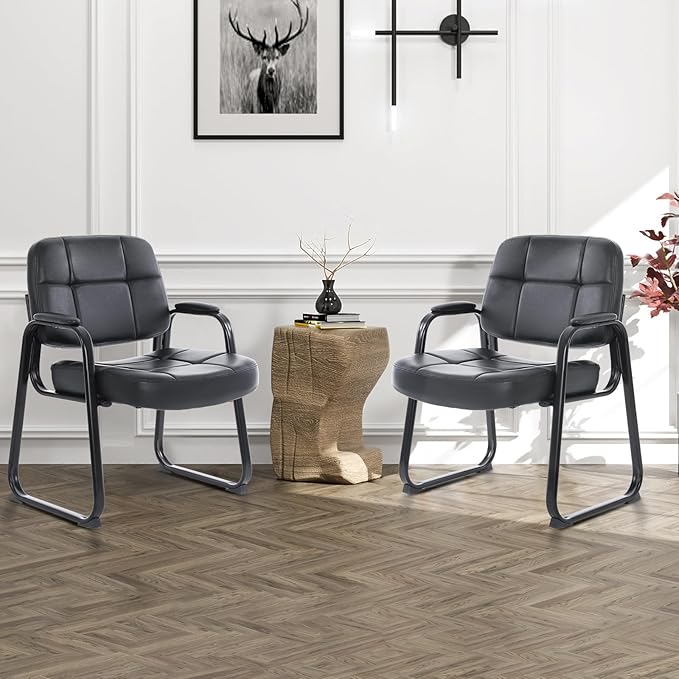CLATINA Big &amp Tall Waiting Room Guest Chair with Bonded Leather Padded Arm Rest and Sled Base for Office Reception Lobby and Conference Desk Black(2 Pack)