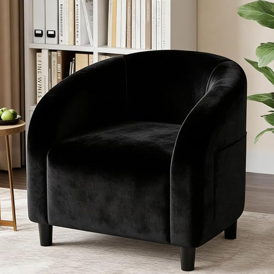 Accent Chair Velvet Barrel Chairs Comfy Round Club Armchair with Soft Cushion for Living Room Bedroom Reading Waiting Room Black