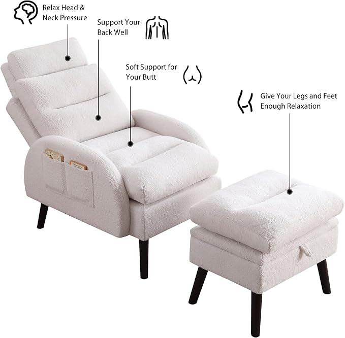 Accent Chair with Ottoman Set Comfy Reading Chair and Ottoman Modern Oversized Lounge Armchair with Adjustable Backrest for Living Room Bedroom Teddy White