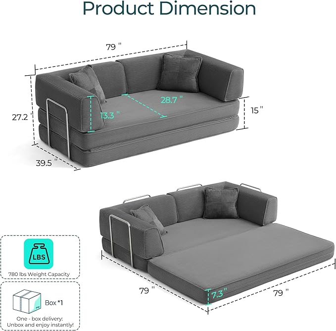 LINSY HOME Sofa Bed Couch - Convertible Boneless Couch Bed with 2 Pillow (Grey) | Folding Sofa Bed Corduroy Material No Assembly Compressed Sofa Couch in a Box