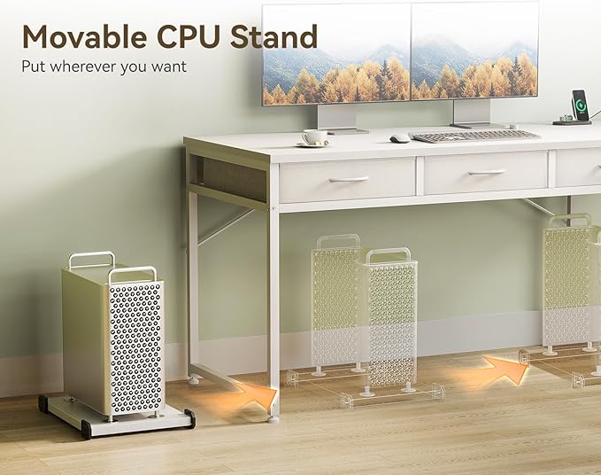 Casaottima L Shaped Desk Reversible Computer Desk with 3 Fabric Drawers 53 Corner Desk with Power Outlets&ampStorage Shelves White Desk with Movable CPU Stand Desk for Home Office