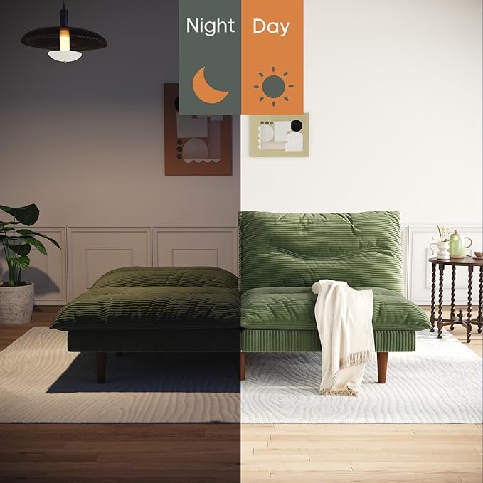 Futon Sofa Bed 69 inch Futon Couch with Adjustable Backrest Corduroy Convertible Sleeper Sofa Bed Folding Sleeper Recliner for Apartment Living Room Office Green