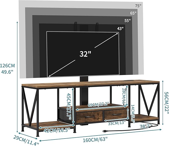 63 W TV Stand with Mount for 556575 TVEntertainment Center with Power Outlet&ampLed LightsHeight Adjustable TV Console Table with Open Storage Shelves&ampFabric Drawers (Rustic Brown 63“W)