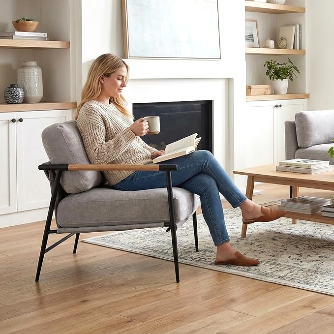 DUOMAY Mid-Century Modern Accent Chair Armchair Set of 2 Soft Linen Fabric Sofa Lounge Chair Reading Chair with Metal Leg for Living Room Bedroom Office Grey
