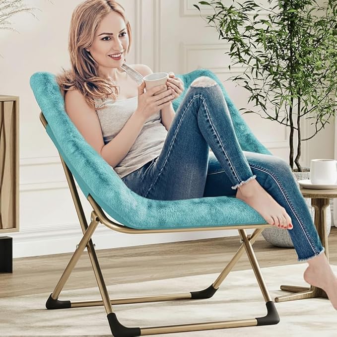 Collapsible Soft Faux Rabbit Fur Saucer Lounge Chair Comfy Lounge Lazy Chair Metal Frame Reading Chairs for Office Living Room Bedroom Small Spaces No Assembly Green