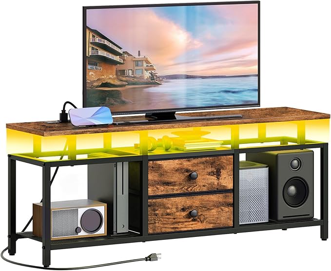 TV Stand with LED Light and Power Outlets Entertainment Center with Fabric Drawers and Open Shelves 41.7 TV Cabinet for TVs up to 45 Inch Media Console for Living Room Brown DS03UDBR