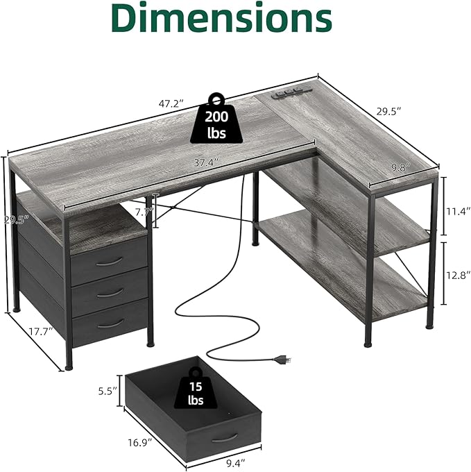 MUTUN L Shaped Computer Desk with 3 Drawers &amp Power Outlets 47 Inch Corner Desk with Reversible Storage Shelves PC Table for Home Office Bedroom (Grey 47 Inch)