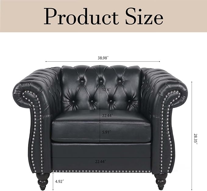 Oversized Chesterfield Chair PU Leather Accent Chair with Tufted Back Club Chair for Living Room Bedroom Gothic Victorian (Black)