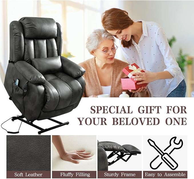 Infinite Position Lay Flat Lift Recliner Chair for Adults Dual Motor Power Lift Chair for Elderly with Massage &amp Heating USB Ports Remote Control &amp Lumbar Pillow Leather (Silver Grey)