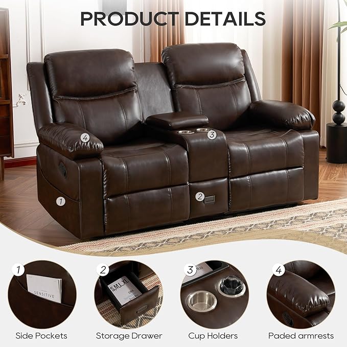 Reclining Loveseat Sofa with Massage &amp Heat Leather Recliner Couch with Side Pockets Extra Storage Cup Holders for Living Room RV