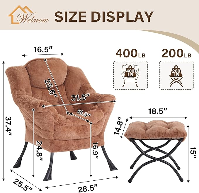 Welnow Lazy Chair with Ottoman Modern Accent Chair with Armrests and a Side Pocket Leisure Sofa Armchair Reading Armchair with Footrest for Small Space Plush Brown