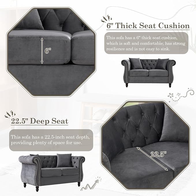 Chesterfield Sofa58 Button Tufted Velvet Couch with Rolled Arms&ampNailhead TrimComfy 2 Seater Loveseat SofaOversize Mid Century Modern Couch for Living RoomBedroomApartmentOffice(Grey)