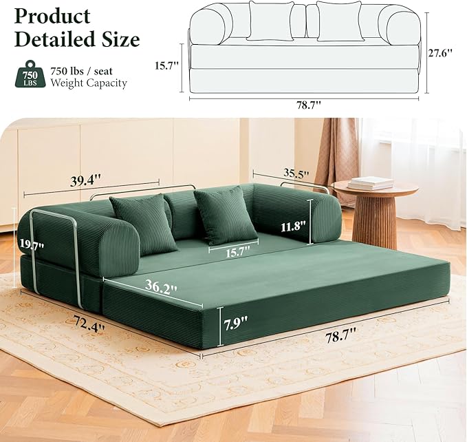 Convertible Floor Sofa Bed Corduroy Modular Floor Couch with Pillow Comfy Modern Sofa Convertible Folding Couches for Living Room Bedroom