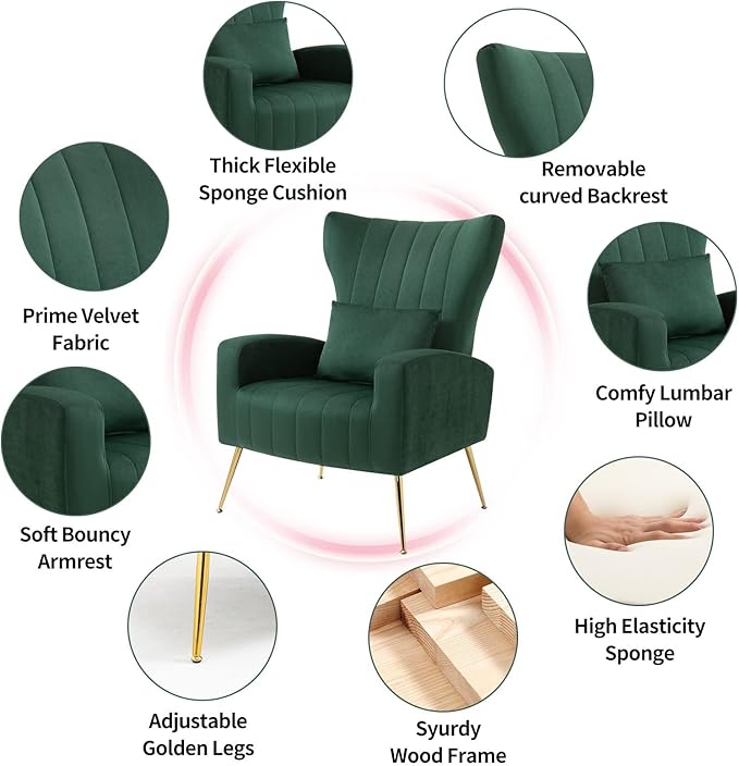 X-VOLSPORT Velvet Accent Chair Mid Century Modern High Back Living Room Chair with Waist Pillow Upholstered Arm Chair with Metal Gold Legs for Bedroom Club Green