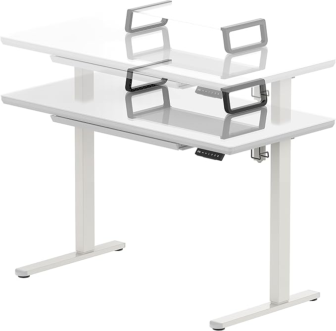 SHW 48x24 Glass Electric Height Adjustable Standing Desk – Motorized Sit Stand Desk with Monitor Riser Pull-Out Drawer Memory Presets White