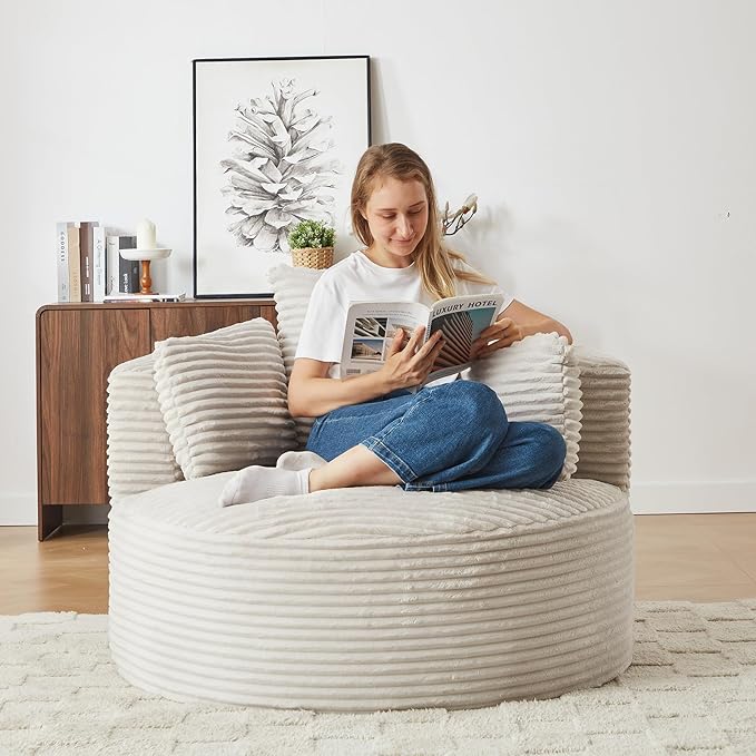 Round Chair Lounge Chaise Indoor 48.8 Oversized Sofa Chair Upholstered Corduroy Deep Seat Sleeper Sofa Bed No Assembly Required for Living Room Bedroom Apartment White